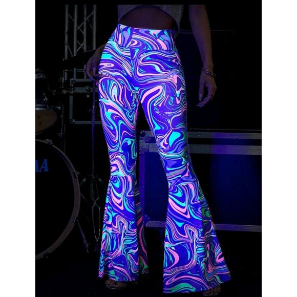 XL Retro Stretchy Pants Blacklight Trippy Rave Festival Flares - Picture 9 of 10